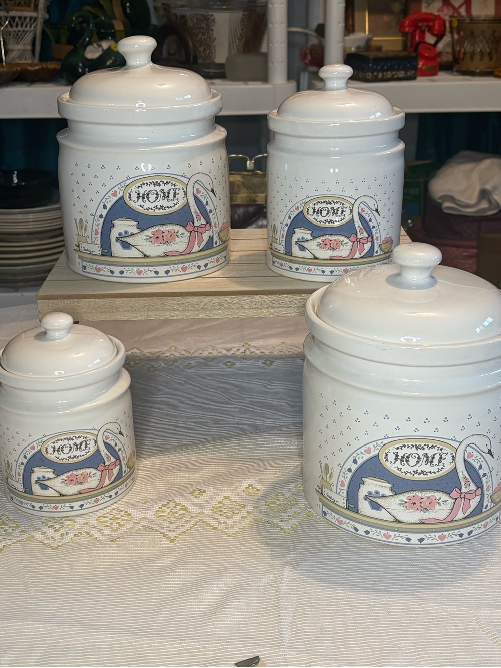 Vintage Ceramic Swan ‘Home’ Canister Set - White with Blue & Pink Accents